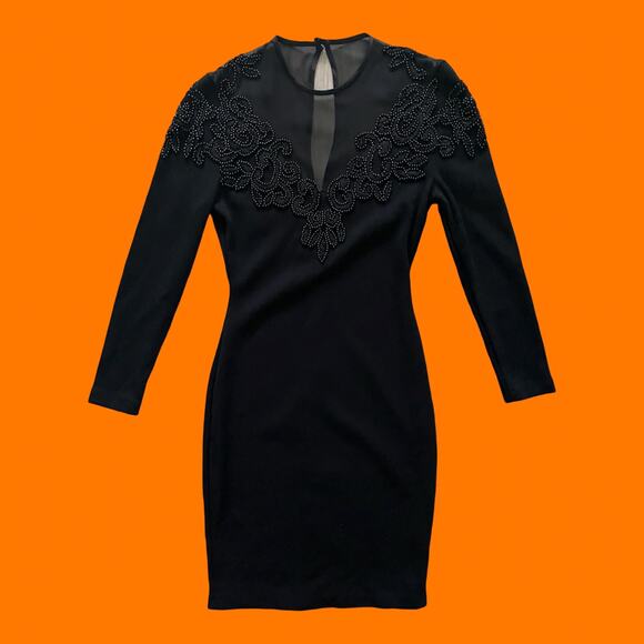 90's vintage black wool blend high neck mesh beaded bodycon mini dress SMALL - Picture 1 of 7